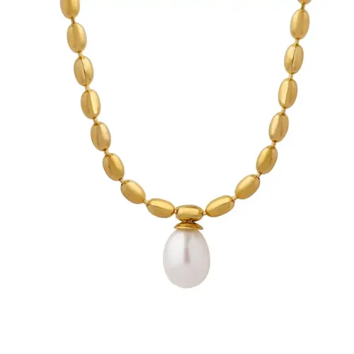FXNT161 Unisex Gold-Plated Oval Bead Chain Necklace with Freshwater Pearl Pendant
