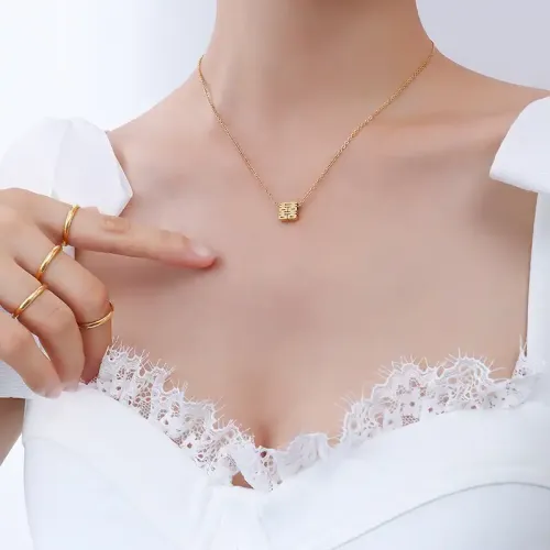 FXNT777 Chinese Double Happiness Symbol Necklace Thick Box Chain, Elegant Square Design