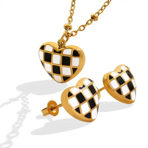 FXNT717 Elegant Korean Heart Acrylic Jewelry Set, Checkerboard Necklace & Earrings