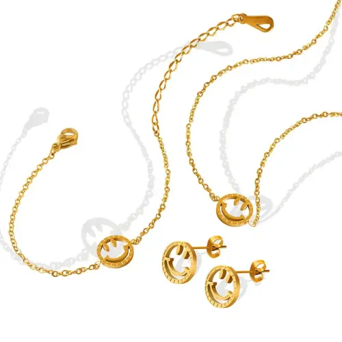 FXNT1223 18K Gold Plated Smiling Face Jewelry Set Hollow Pendant Necklace, Bracelet & Earrings