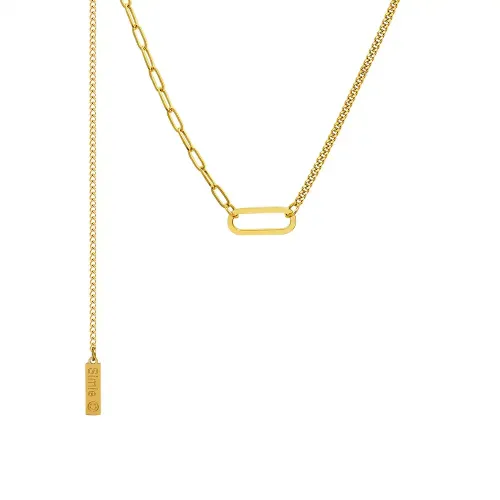 FXNT612 18K Gold Smile Oval Pendant & Tassel Collarbone Necklace, Geometric Jewelry