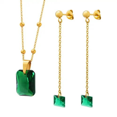 FXNT93 Exquisite Peacock Design Emerald & Zircon Pendant Necklace and Earrings Set