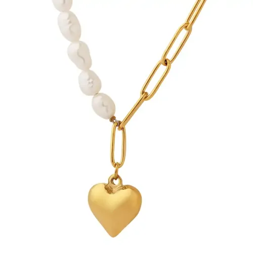 FXNT1260 Baroque Freshwater Pearl Necklace with Heart Pendant Clavicle Chain