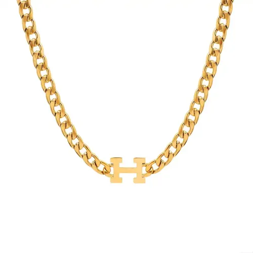 FXNT1237 18K Gold Plated H Letter Pendant, Elegant Stainless Steel Necklace Set