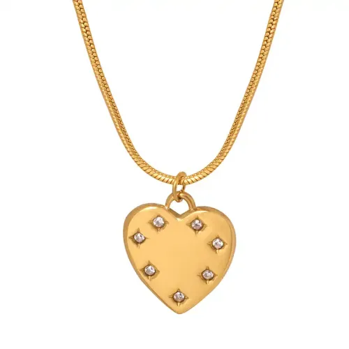 FXNT628 Gold-Plated Heart-Shaped Diamond Pendant Necklace with Snake Chain