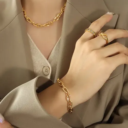 FXNT651 Gold Plated Thick Chain Jewelry Set: Stacking Necklace & Bracelet Combo
