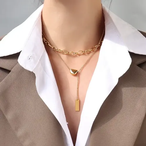 FXNT565 Gold Bean Double Layer Tassel Sweater Chain Square Clavicle Necklace