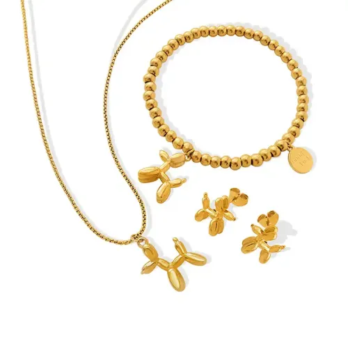 FXNT251 Korean Style 18K Gold Plated Balloon Dog Necklace and Puppy Bracelet Earrings Set