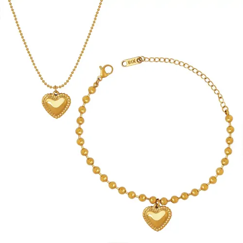 FXNT340 Chic Couple's Heart-Shaped Love Necklace & Bracelet Jewelry Set 18K Gold-Plated