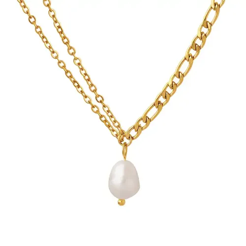 FXNT787 18K Gold Plated Double Chain Collarbone Necklace with Freshwater Pearls for Women