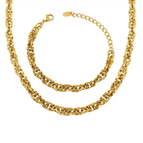FXNT645 Luxurious Gold-Plated Geometric Necklace & Bracelet Set with Interlocking Chain Design