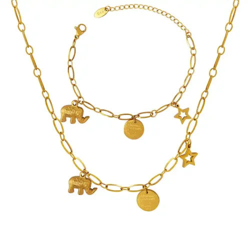 FXNT1259 Elephant Jewelry Set with Star Pendant & Geometric Circle Necklace Bracelet