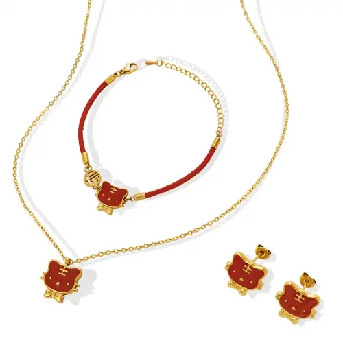 FXNT739 Kawaii Tiger Zodiac Jewelry Set Necklace, Bracelet & Earrings Year of the Tiger