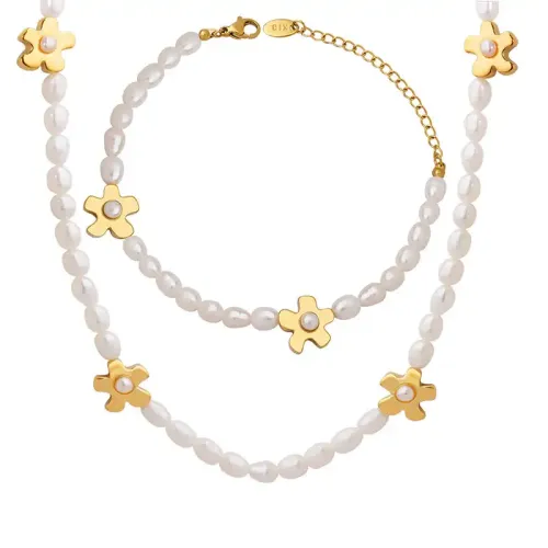 FXNT355 Floral Irregular Pearl Necklace & Bracelet Set Oval Freshwater Jewelry