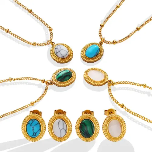 FXNT31 Boho Turquoise opal Necklace and Earrings Set Inlaid Gemstone Jewelry