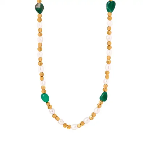 FXNT342 Handmade Natural Green Agate & Freshwater Pearl Drop Necklace Elegant Clavicle Chain