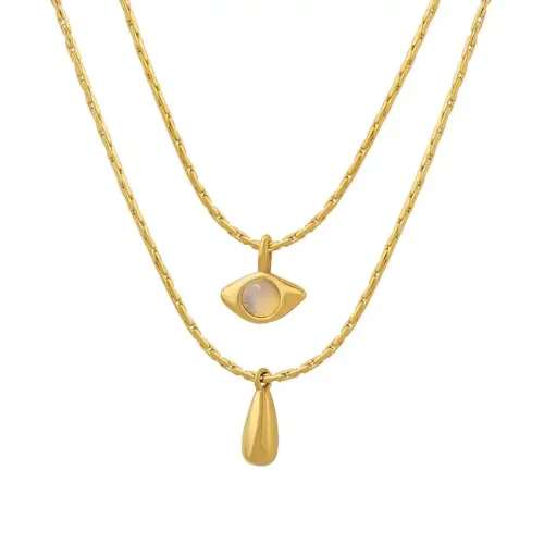 FXNT357 18K Gold Plated Opal Drop Pendant Necklace Double-Layered Real Gold Jewelry
