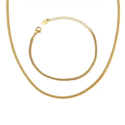 FXNT1217 18K Gold Plated Minimalist Jewelry Set Hollow Chain Necklace & Thin Clavicle Bracelet