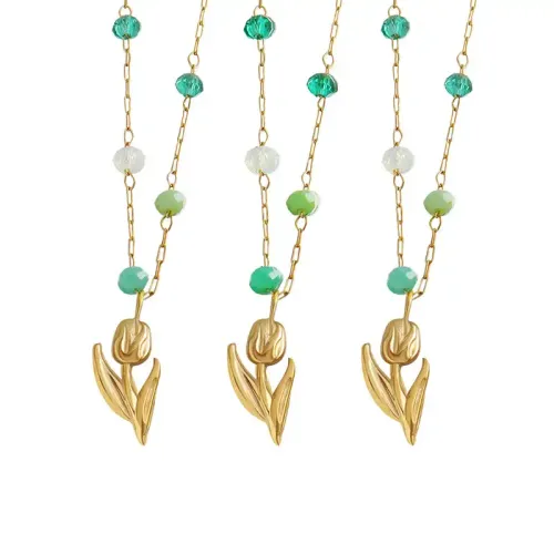 FXNT1034 Gold-Plated Tulip Pendant Choker with Forest Green Crystal Beads