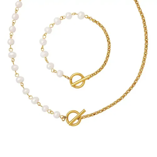 FXNT305 18K Gold Plated Medal pearl Layer OT chain Clavicle bracelet Necklace set
