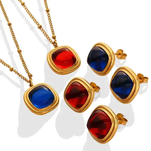 FXNT1044 18K Gold Plated Jewelry Set with Natural Crystal Square Pendant & Earrings for Women