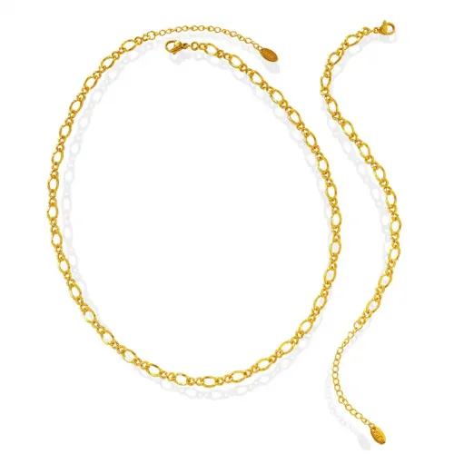 FXNT740 18K Gold Plated Hip-Hop 8-Figure Chain Necklace & Bracelet Set, Stainless Steel
