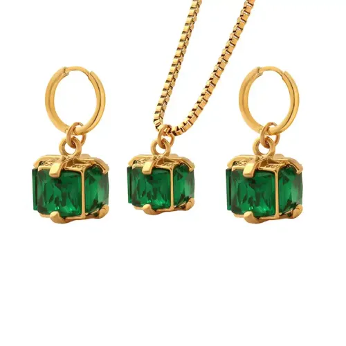 FXNT13 Elegant Emerald Zircon Jewelry Set with Four-Prong Necklace & Earrings