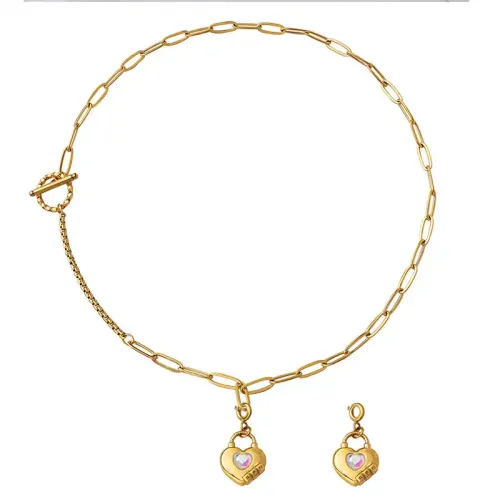 FXNT693 Versatile Thick Chain Necklace with OT Buckle & Crystal Heart Pendant for Women