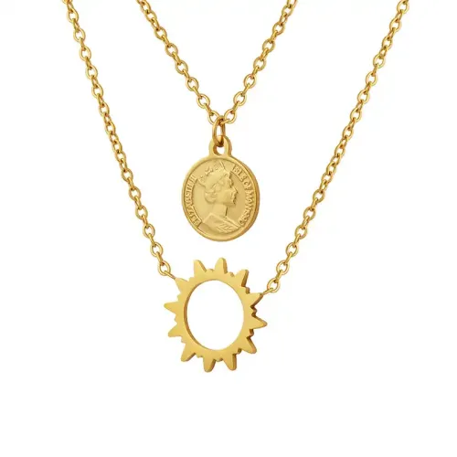 FXNT1017 18K Gold Double Layer Sun Relief Medal Pendant Clavicle Necklace