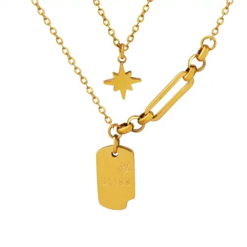 FXNT749 Women's Double Layer Starburst Square Pendant, 18K Gold Plated Stacked Necklace