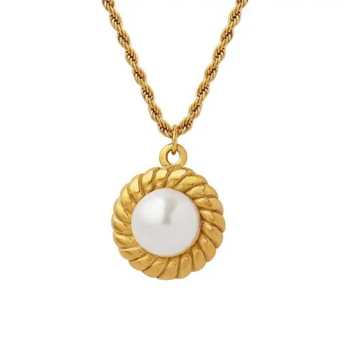 FXNT395 Unisex 18K Gold-Plated Imitation Pearl Clavicle Chain Necklace with Straw Hat Style