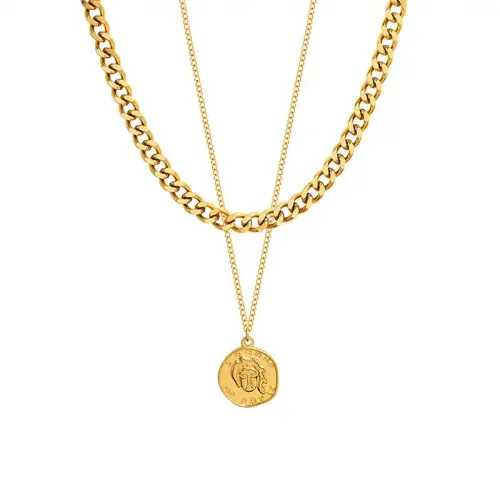 FXNT1096 Women's Gold-Plated Double Layer Portrait Medal Sweater Chain Necklace Jewelry