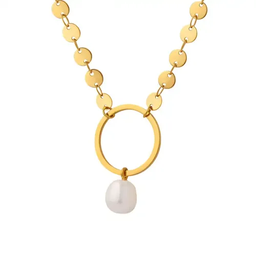 FXNT684 Gold-Plated Disc Choker Necklace with Freshwater Pearl Pendant
