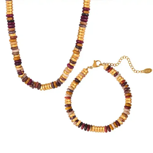 FXNT19 Ethnic Mixed Color Natural Stone Bead Necklace & Bracelet Jewelry Set