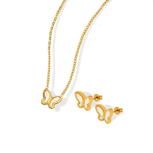 FXNT223 Sweet Butterfly White Seashell Necklace & Earrings Set Japanese-Korean Style Jewelry