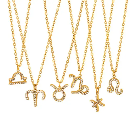 FXNT566 Twelve Zodiac Signs Gold Necklace with Rhinestone Pendants Wholesale Chain