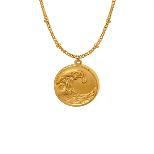 FXNT864 Luxury 18K Gold Plated Wave Medallion Necklace Embossed Clavicle Chain Pendant