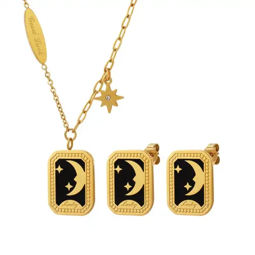 FXNT25 Korean 18K Gold Plated Star Moon engrave Necklace Square Pendant Earrings Set