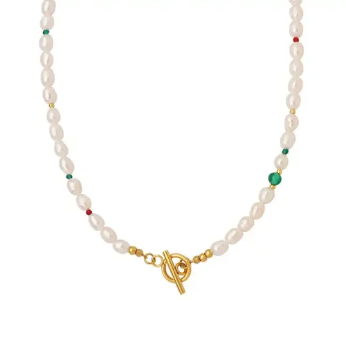 FXNT643 Chic Geometric OT Buckle Necklace with Natural Agate, Glass Stone & Freshwater Pearl Beads