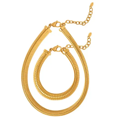FXNT280 18K Gold Electroplated Necklace & Thick Wide Bracelet Jewelry Set for Women