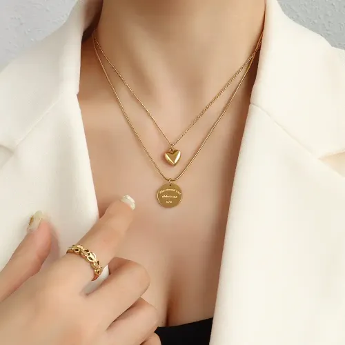 FXNT1179 18K Gold Double Layer Clavicle Chain with Round Peach Heart Love Pendant Necklace