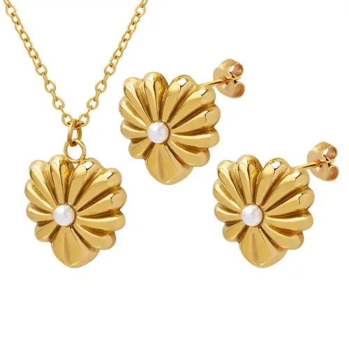 FXNT490 Vintage Heart-Shaped Imitation Pearl Jewelry Set with Pendant Necklace & Earrings