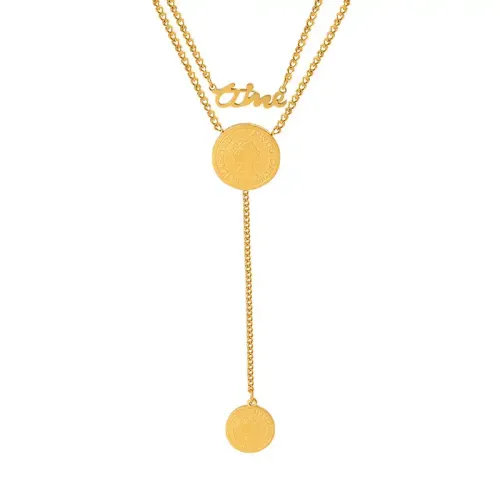 FXNT349 Queen Medal Pendant Necklace 18K Gold Plated Double Layer Jewelry Piece