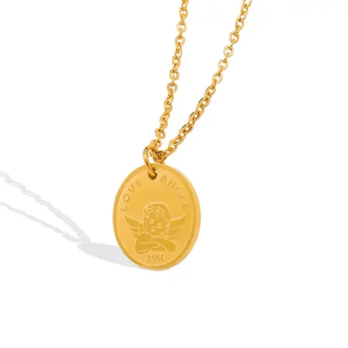 FXNT1070 18K Real Gold Plated Stainless Angel Circle Pendant, Geometric Clavicle Necklace for Women
