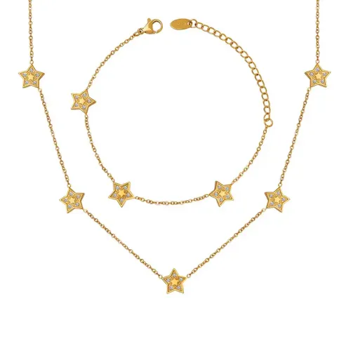 FXNT481 18K Gold-Plated Jewelry Set with Zircon Inlaid Five-Pointed Star Necklace & Bracelet