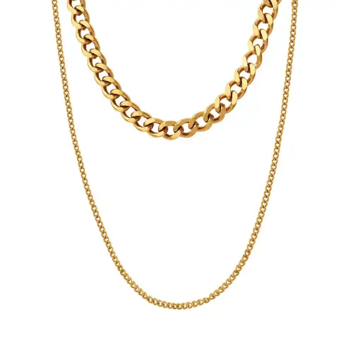 FXNT464 Hip-Hop Cool Stacked Double Chain Necklace Trendy Layered Jewelry Accessory