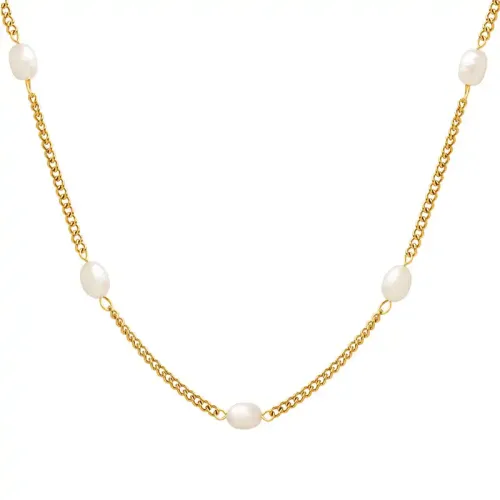 FXNT188 Gold-Plated Flat Chain Necklace with Freshwater Pearl Splice Elegant Clavicle Length