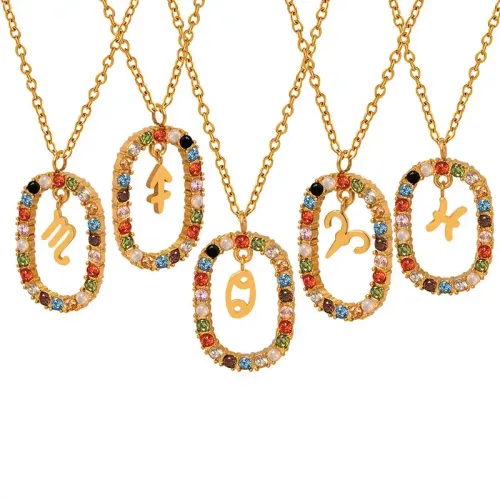 FXNT915 Colorful Zircon Spanish Zodiac Clavicle Chain Necklace for Girls