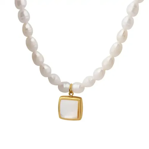 FXNT372 Baroque Freshwater Pearl Strand Necklace with Natural Sea Shell Pendant for Dinner Parties