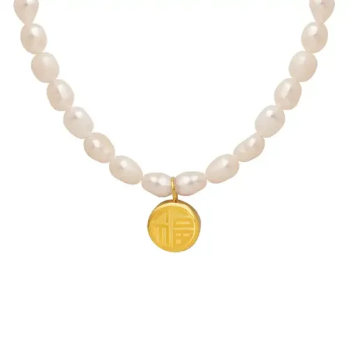 FXNT359 Lucky Double Fu Charm Gold-Plated Pendant with Freshwater Pearl Chinese Style Necklace